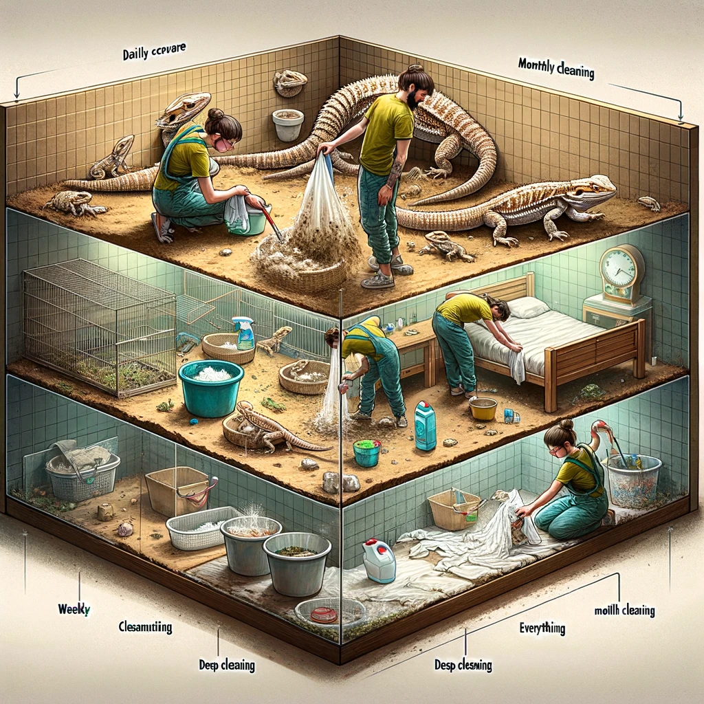 maintenance and cleaning routines for a newborn bearded dragon's habitat, divided into daily, weekly, and monthly tasks