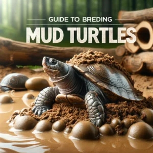Mud turtle in natural breeding environment near moist sand, with 'Guide to Breeding Mud Turtles' text in clear, professional font, emphasizing the breeding aspects and habitat.