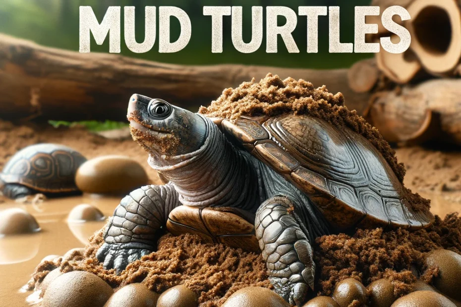 Mud turtle in natural breeding environment near moist sand, with 'Guide to Breeding Mud Turtles' text in clear, professional font, emphasizing the breeding aspects and habitat.
