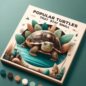 Small turtle in natural habitat with text 'Popular Turtles That Stay Small' in bold, eye-catching font surrounded by subtle water ripples and soft green leaves, showcasing the appeal of compact pet turtles.