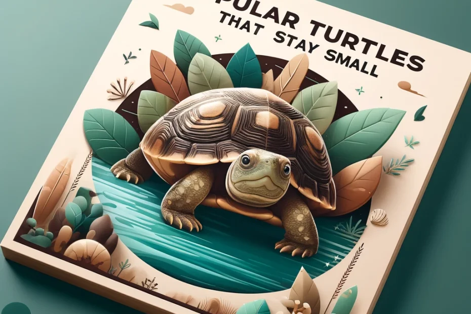 Small turtle in natural habitat with text 'Popular Turtles That Stay Small' in bold, eye-catching font surrounded by subtle water ripples and soft green leaves, showcasing the appeal of compact pet turtles.