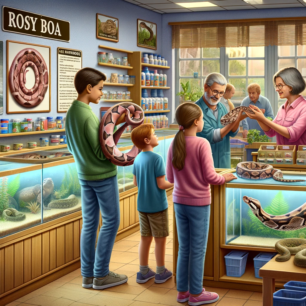 A family buying a Rosy Boa in a pet shop, with a child holding the snake and interacting with the shopkeeper among various pet supplies and educational posters on snake care.