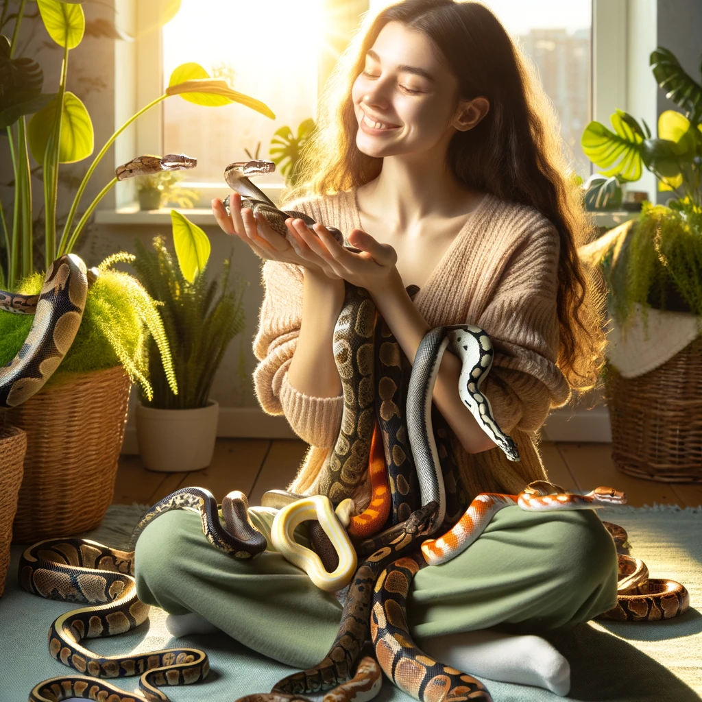 serene and joyful scene of a human sitting in a sunlit room, gently holding and interacting with a variety of friendly pet snakes.