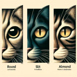 showcasing three distinct cat eye shapes_ Round, indicative of curiosity and friendliness; Slit, symbolizing a strong