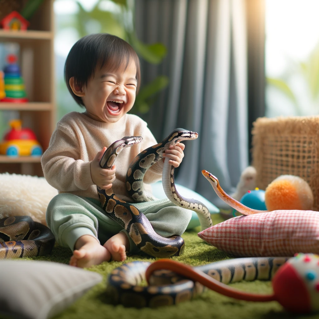 toddler laughing joyously while gently playing with friendly pet snakes in a safe, supervised environment.