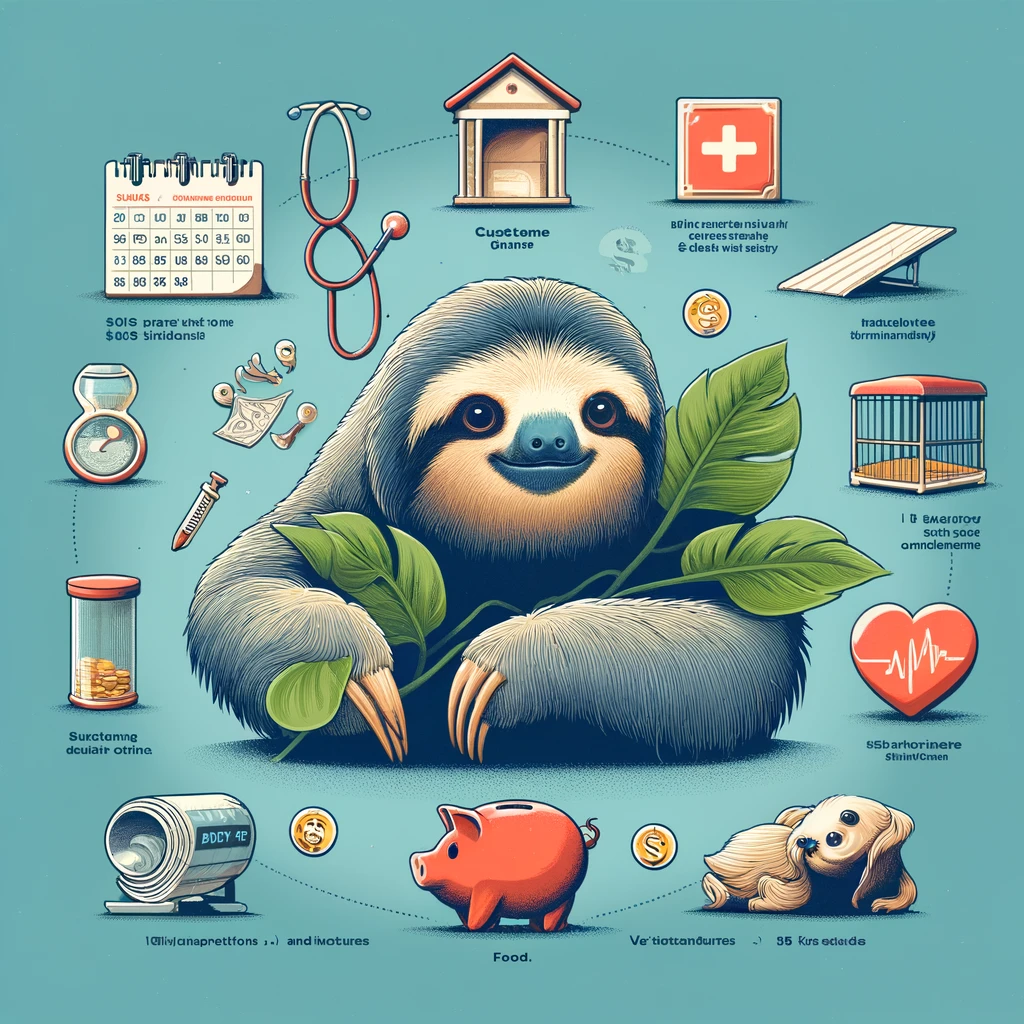  total cost of ownership for a pet sloth, capturing the variety of expenses involved. Through engaging visuals and symbols, it highlights the significant financial commitment required, from the initial purchase and setup to ongoing care costs.