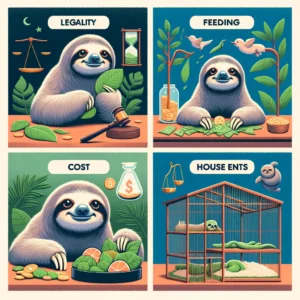 owning pet sloths, covering the key topics of legality, feeding, cost, and housing requirements. Each segment of the image corresponds to one of these themes, creating a cohesive visual guide to complement the information provided in the article