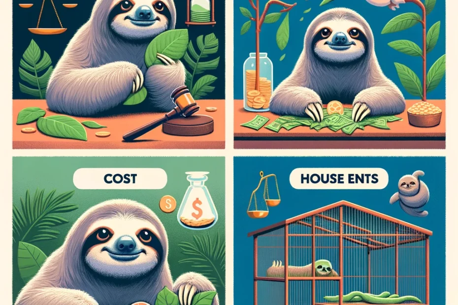 owning pet sloths, covering the key topics of legality, feeding, cost, and housing requirements. Each segment of the image corresponds to one of these themes, creating a cohesive visual guide to complement the information provided in the article