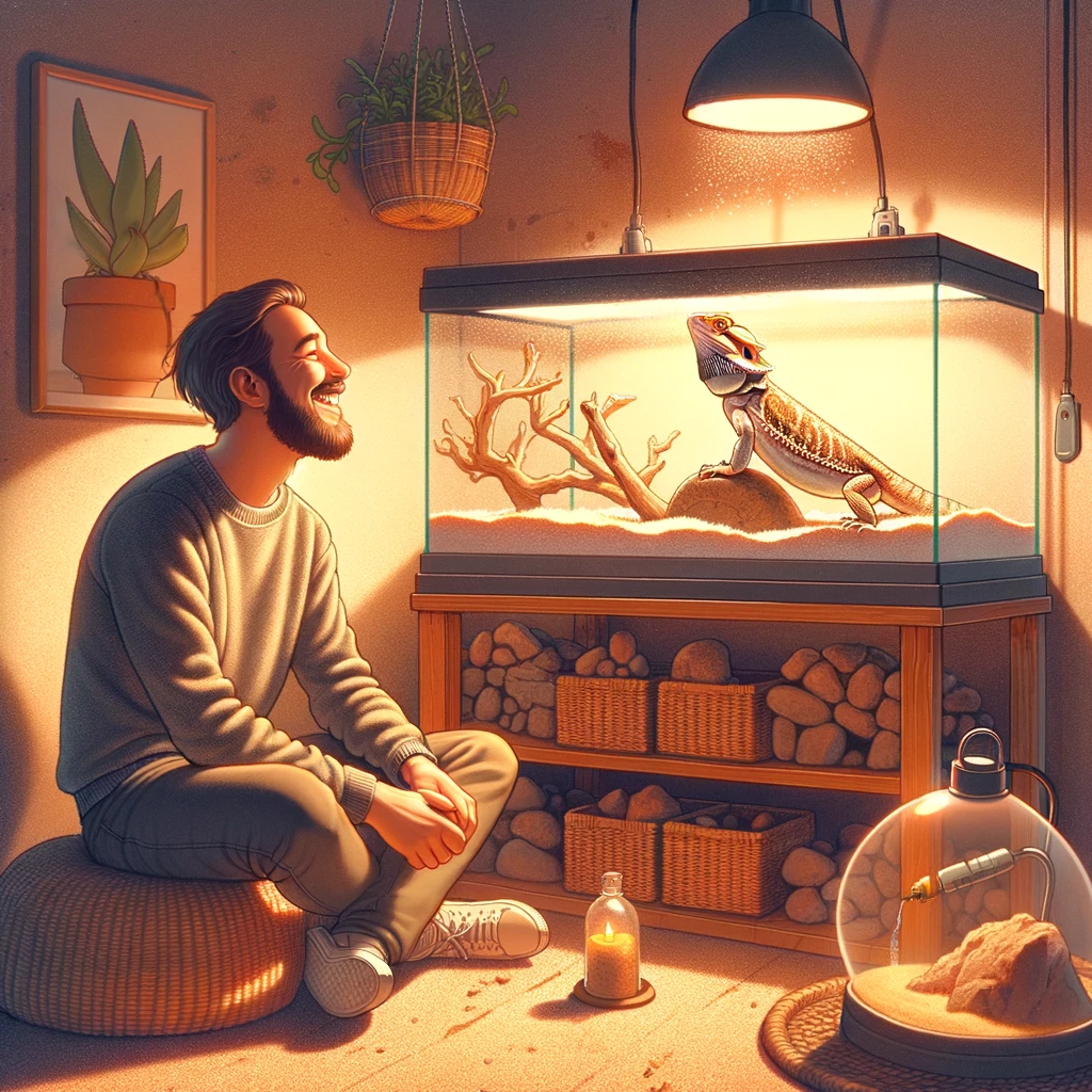An educational image displaying an ideal bearded dragon enclosure that meets all housing requirements for their wellbeing. The tank should be a 40-gal