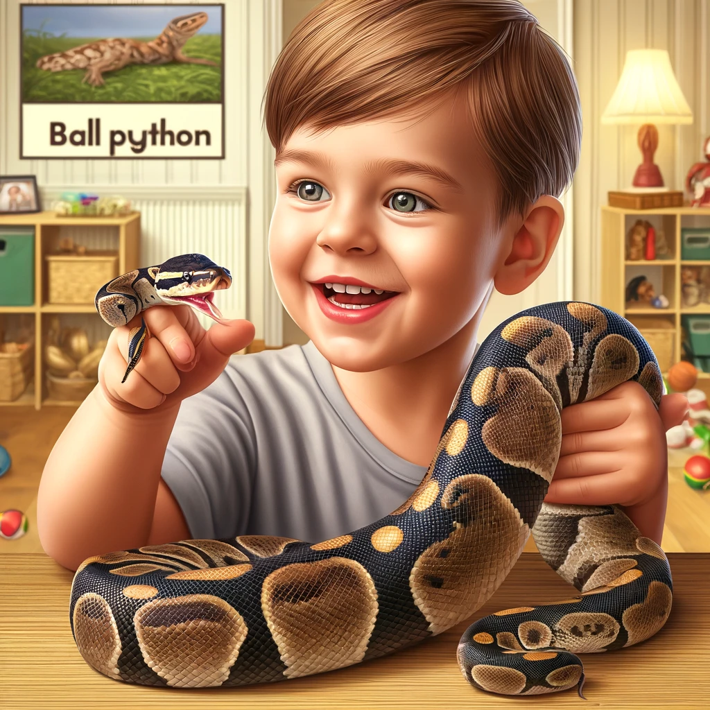  young boy playing with a Ball Python